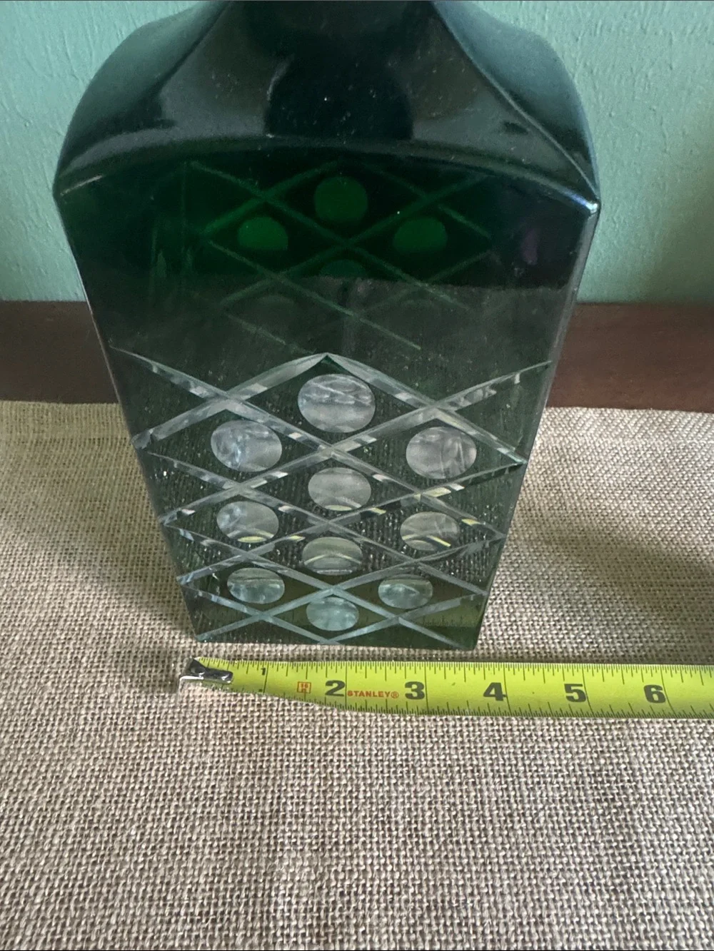 World Market Green Cut Glass Decanter Square Stopper MCM Style Barware”